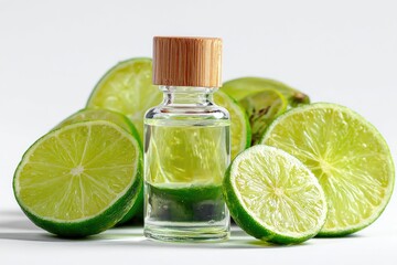 Small glass bottle of liquid surrounded by fresh lime slices