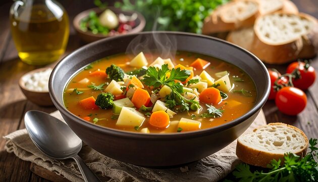 Hearty vegetable soup in a bowl, steaming hot with fresh herbs