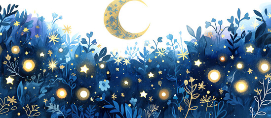 Night sky illustration featuring a crescent moon surrounded by vibrant blue foliage and glowing stars, creating a magical and enchanting atmosphere for dreamlike visuals