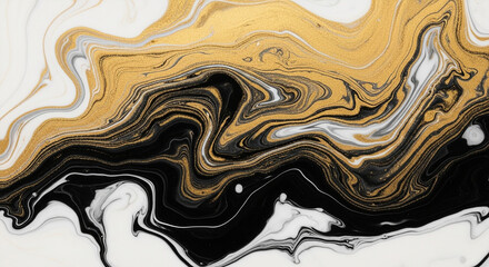 Abstract flowing gold black and white marbled liquid art texture