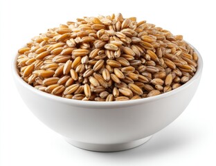 A bowl filled with whole grains.  A close-up view of a heaping pile of light tan/golden grains in a round, 