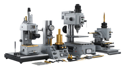 Milling machine with various cutting tools background isolated on a Transparent background, PNG file.