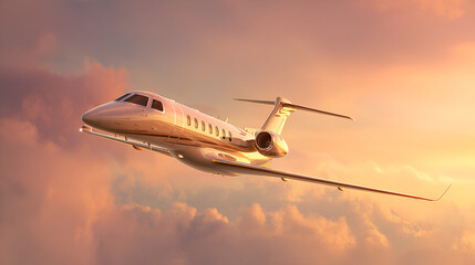 Private jet flying through a vibrant sunset sky with clouds in the background at golden hour light