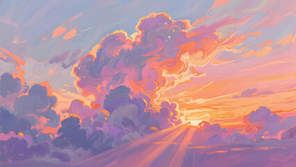 A vibrant sky filled with fluffy clouds painted in shades of pink orange and purple at sunset or sunrise
