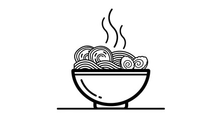 Minimalist black and white line art illustration of a steaming bowl of hot noodles, perfect for food-related designs, menus, or Asian cuisine concepts, emphasizing warmth and simplicity