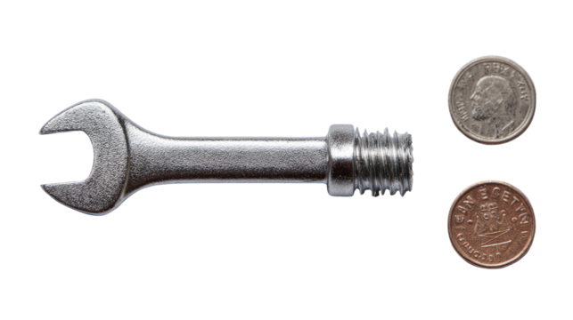 Miniature wrench next to screw and bolt for scale isolated on a Transparent background, PNG file.