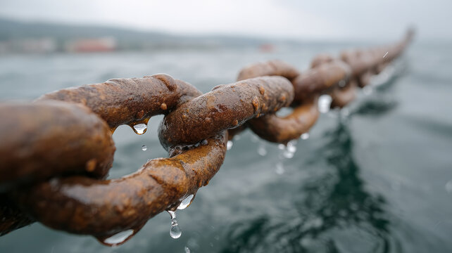Close-up of rusty chain with water droplets over ocean. - Powered by Adobe