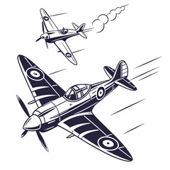 Vector art of two vintage world war ii fighter planes in flight, one plane is trailing smoke, adding a sense of action and drama to the scene the planes are depicted in a classic, retro style