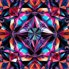 Kaleidoscope abstract pattern with floral elements. Suitable for backgrounds, prints, and designs needing vibrant and symmetrical visuals.