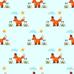 Seamless pattern with orange fox holding and flowers.  