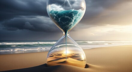 A surreal hourglass on a beach depicts the passage of time, with a stormy ocean transforming into a serene desert sunrise.