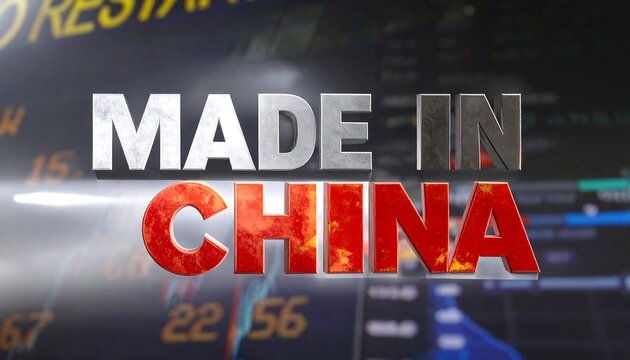 Bold, textured text "MADE IN CHINA" dominates, set against a blurred financial data background with color gradients