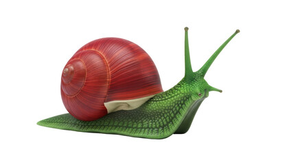 Isolated garden snail with red shell, green body, protruding eye stalks, on no background
