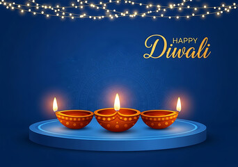 Happy Diwali greeting with diyas and string lights on blue background festival