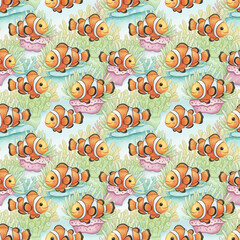 seamless pattern with clown fish in the sea