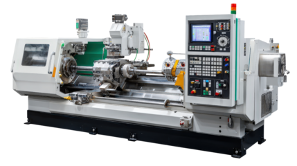Modern lathe machine with control panel background isolated on a Transparent background, PNG file.
