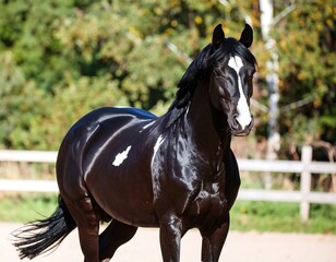 Black horse with white markings in a field