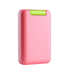 Pink portable power bank with a lime green top accent. Sleek, rectangular design, slightly angled view