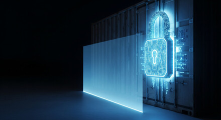  A powerful, conceptual image of a strong, glowing, digital lock on a shipping container on the right. The left side is a dark, clean space with a subtle, protective shield of light coming from the lo