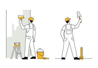 Fototapeta premium Construction worker painting wall with tools and supplies on site 