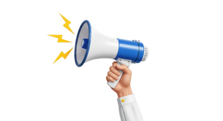 Isolated raised hand holding megaphone loudspeaker with speech bubbles of lightning bolts