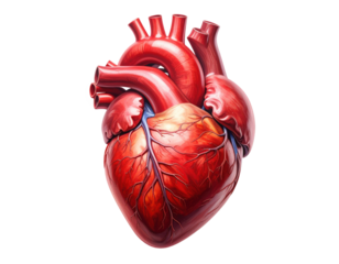 Highly detailed medical illustration of a human heart with veins and arteries isolated on pure white background