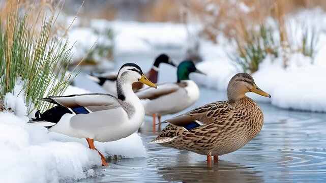 Mallard ducks and waterfowl gathering in a snowy stream during winter