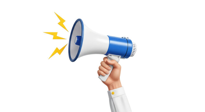 Isolated raised hand holding megaphone loudspeaker with speech bubbles of lightning bolts