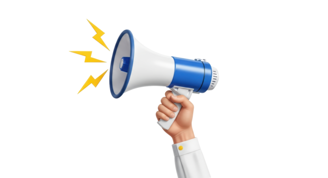 Isolated raised hand holding megaphone loudspeaker with speech bubbles of lightning bolts