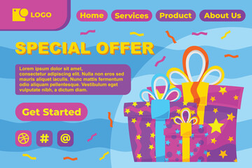 Gift Box in Various Bright Color for Special Offer Web Landing Page Banner Flat Cartoon Background