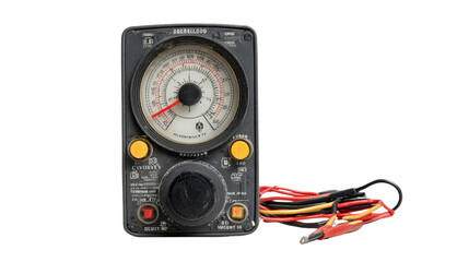 Multimeter with rotary dial set to resistance measurement isolated on a Transparent background, PNG file.