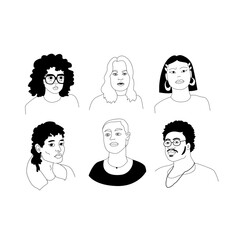 Avatar Set of 6 People – Hand Drawn Diverse Profiles, Black and White Vector Illustration