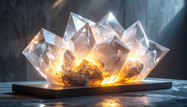 A digital art piece showcasing a cluster of translucent, geometric crystals illuminated with an ethereal golden glow. The sculpture rests on a dark platform - Powered by Adobe