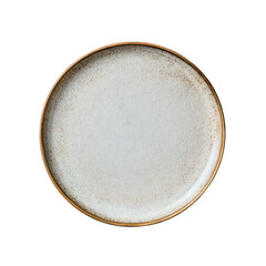 Off-white ceramic plate with a speckled, rustic texture and a thin, dark-brown rim