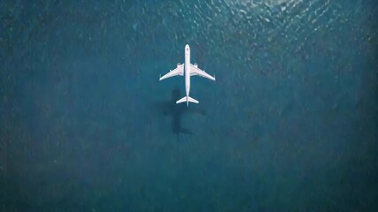 Aerial view of a passenger airplane flying over the deep blue ocean water - Powered by Adobe