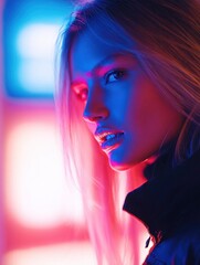 Cinematic portrait of a woman in dramatic neon light and dark fashion outfit.
