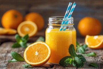Fresh orange smoothie in a mason jar, surrounded by oranges and fresh mint