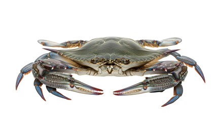 Isolated Blue Crab with large claws viewed from the front looking at camera ready to pinch