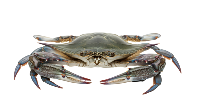 Isolated Blue Crab with large claws viewed from the front looking at camera ready to pinch
