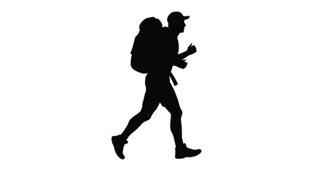 Silhouette of a hiker walking with a backpack and raised hand