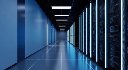 Server room data center interior with rows of rack mounted servers and blue lighting system technology infrastructure