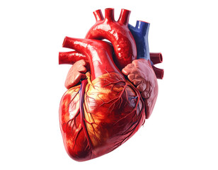 Highly detailed medical illustration of a human heart with veins and arteries isolated on pure white background