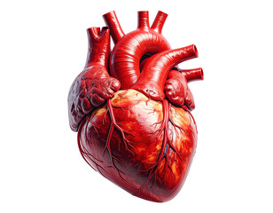 Highly detailed medical illustration of a human heart with veins and arteries isolated on pure white background