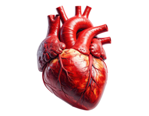 Highly detailed medical illustration of a human heart with veins and arteries isolated on pure white background