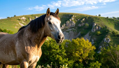 Light-gray horse in mountainous landscape