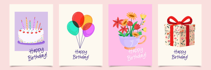Set of lovely birthday cards design with cake, balloons, cute flowers, gift box.