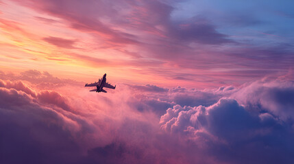 Fighter jet silhouette against a vibrant sunset sky filled with fluffy clouds and soft pink hues
