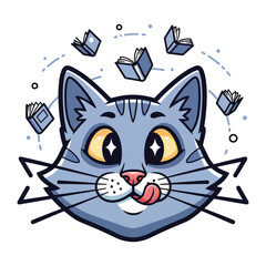 Intelligent Cat's Bookish Dream: A playful illustration of a grey cat with a bookish aura, surrounded by floating books, exuding a whimsical vibe.