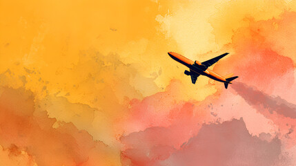 An airplane flying in a vibrant orange and pink sky with clouds during the golden hour of sunset