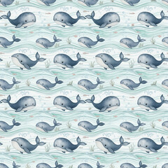 seamless pattern with cute whale in the sea watercolor style